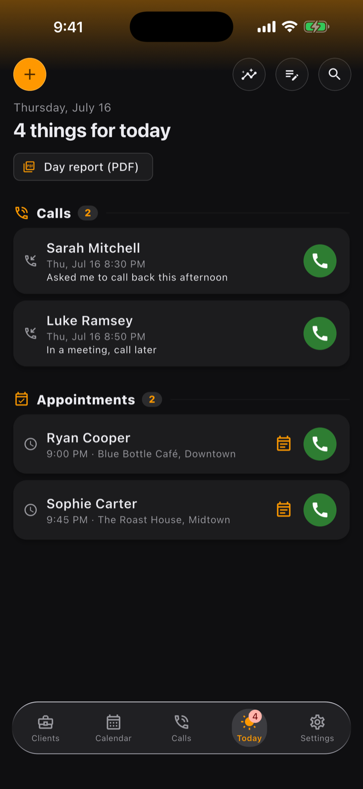 FuaFlow CRM's Today screen: 4 things for the day — two calls with notes and two appointments with time and place, each with its call button.