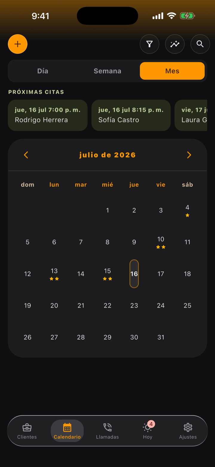 Calendario en vista de mes: estrellas en los días con venta y las próximas citas al frente.
