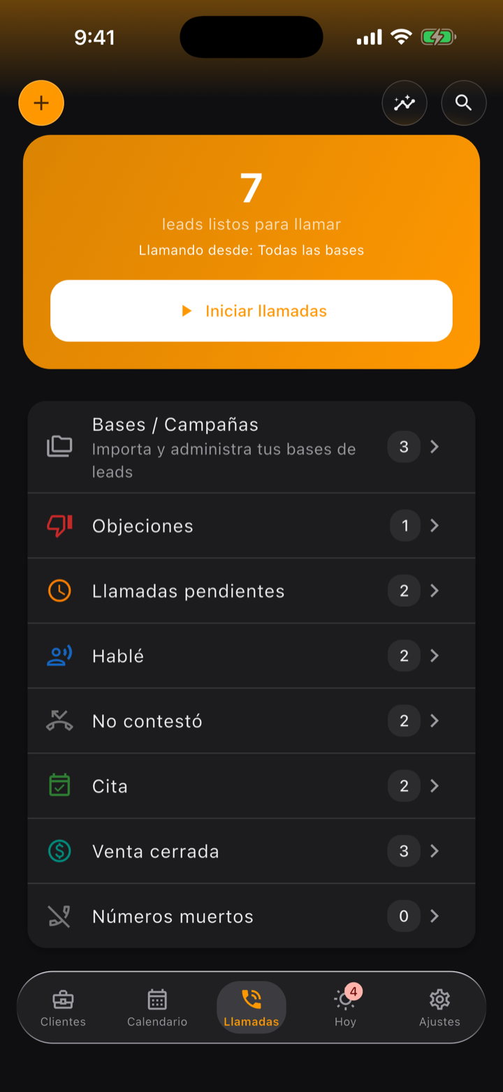 Pantalla de Llamadas: 7 leads listos para llamar desde todas las bases y el desglose de resultados — hablé, citas, ventas cerradas y números muertos.
