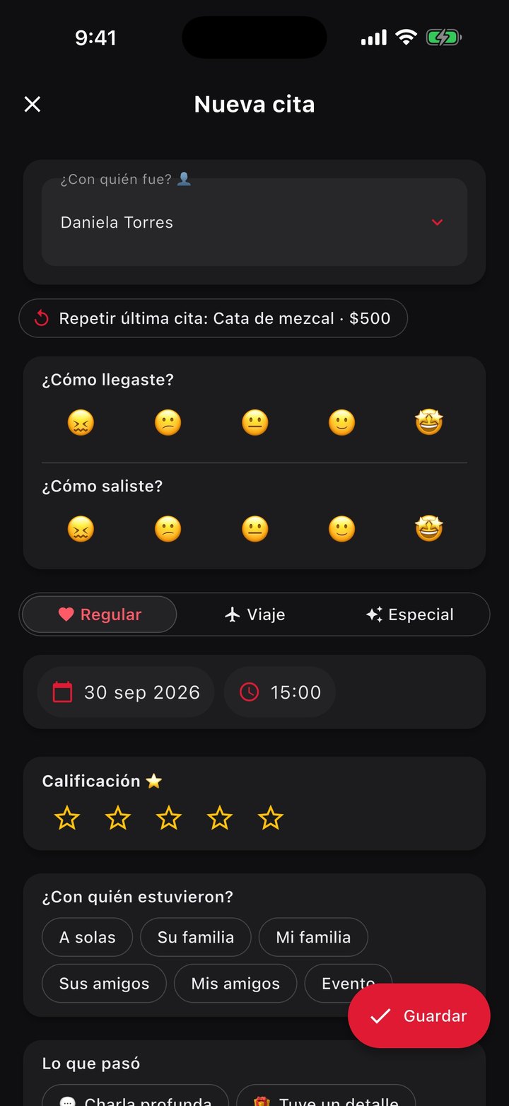 Nueva cita: cómo llegaste y cómo saliste con dos caritas, el tipo de cita, la fecha y la calificación.