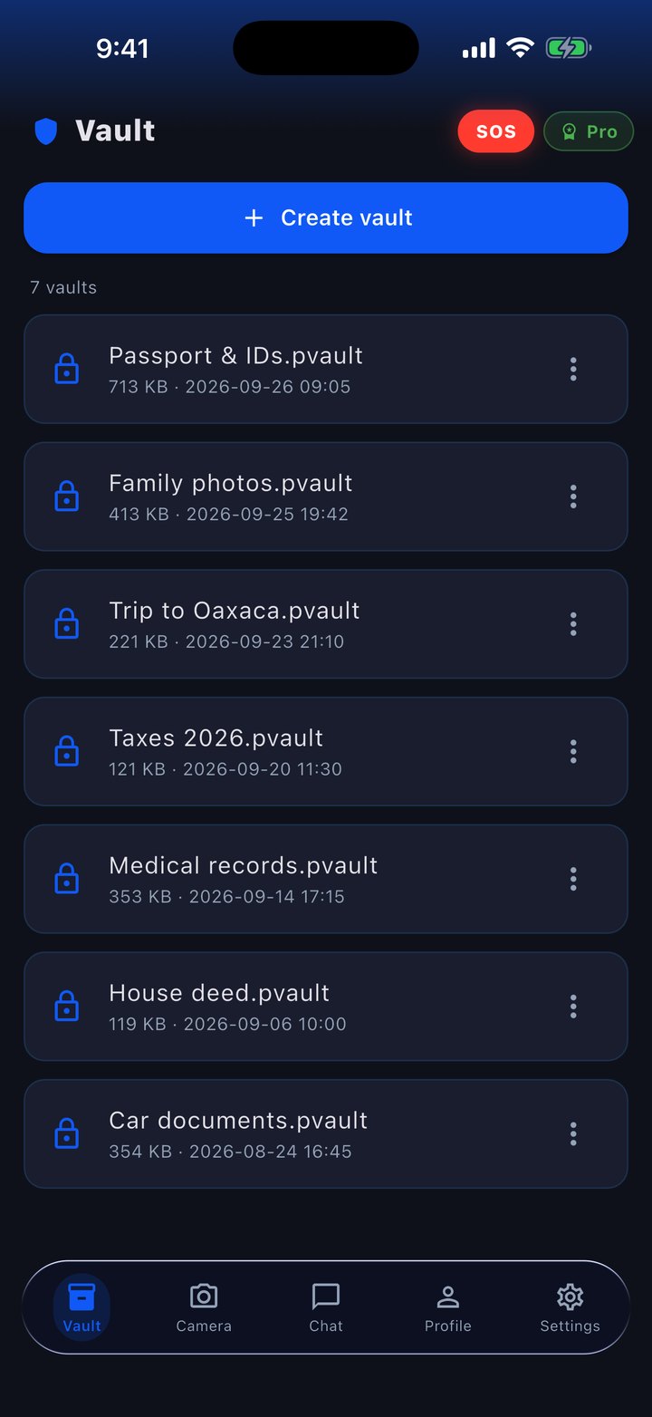 FuaFlow Vault&rsquo;s Vault tab: the &ldquo;Create vault&rdquo; button and seven encrypted vaults — passport and IDs, family photos, taxes, medical records and more.