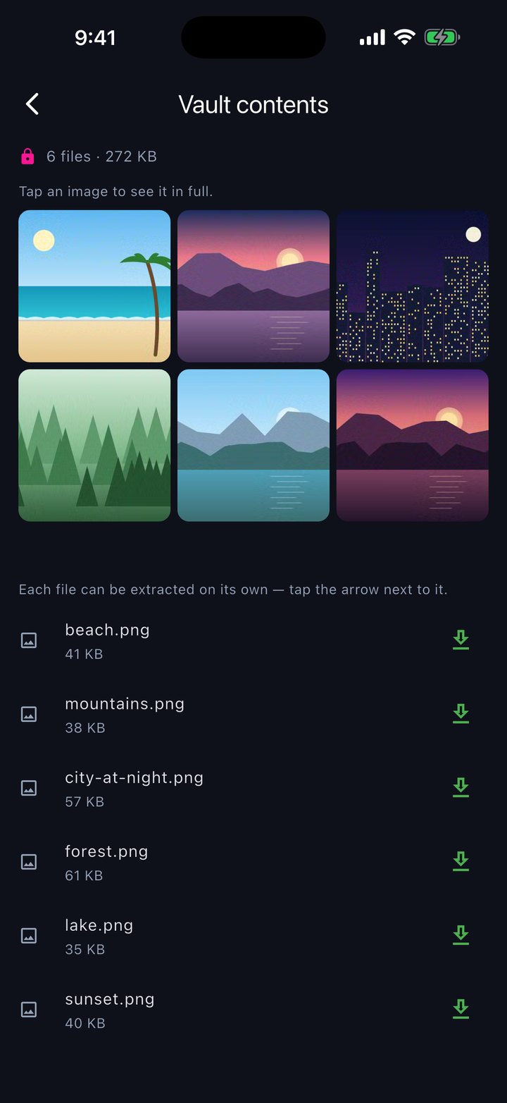 Vault contents: thumbnails of its six images and the file list, each with an arrow to extract it on its own.