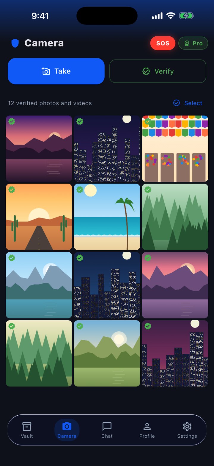 Camera: the Take and Verify buttons and a gallery of 12 verified photos and videos.