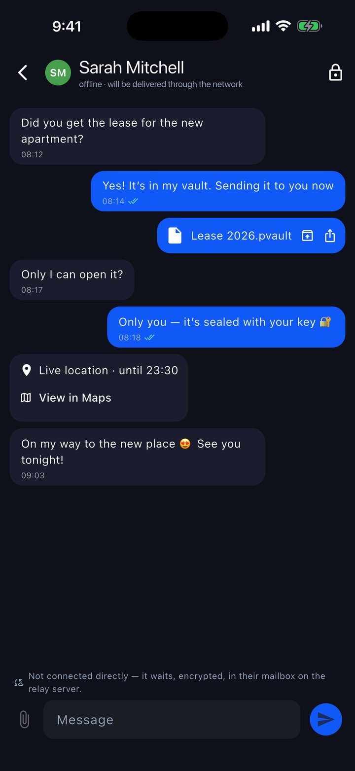 Chat with Sarah: the lease in a vault sealed with her key, a live location until 23:30 and the note that, without a direct connection, the message waits encrypted in her mailbox on the relay server.
