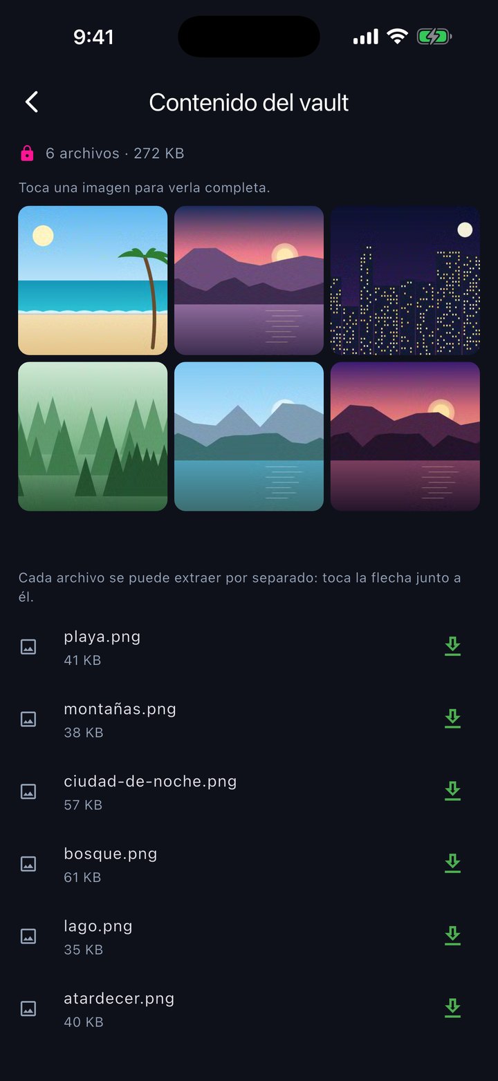Contenido de un vault: las miniaturas de sus seis imágenes y la lista de archivos, cada uno con su flecha para extraerlo por separado.