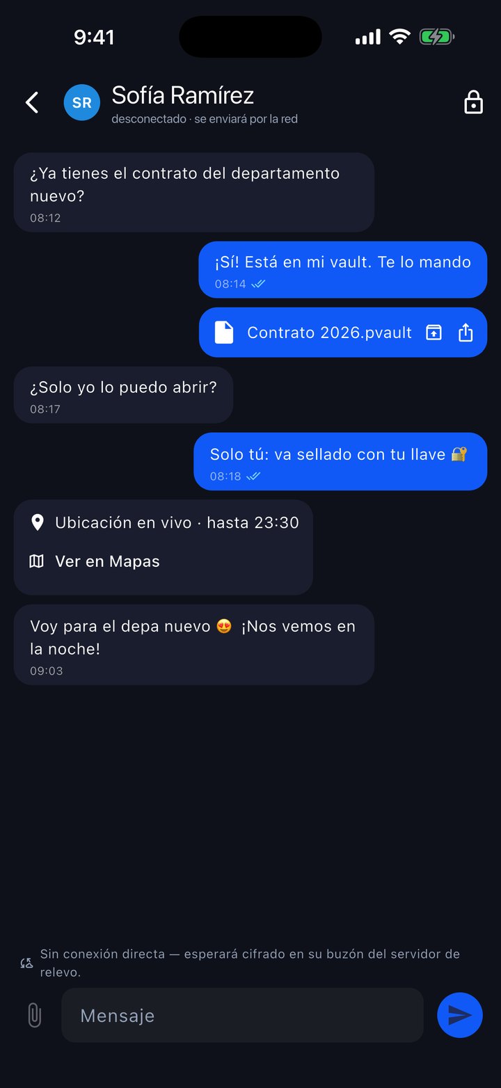 Chat con Sofía: el contrato en un vault sellado con su llave, una ubicación en vivo hasta las 23:30 y el aviso de que, sin conexión directa, el mensaje espera cifrado en su buzón del servidor de relevo.